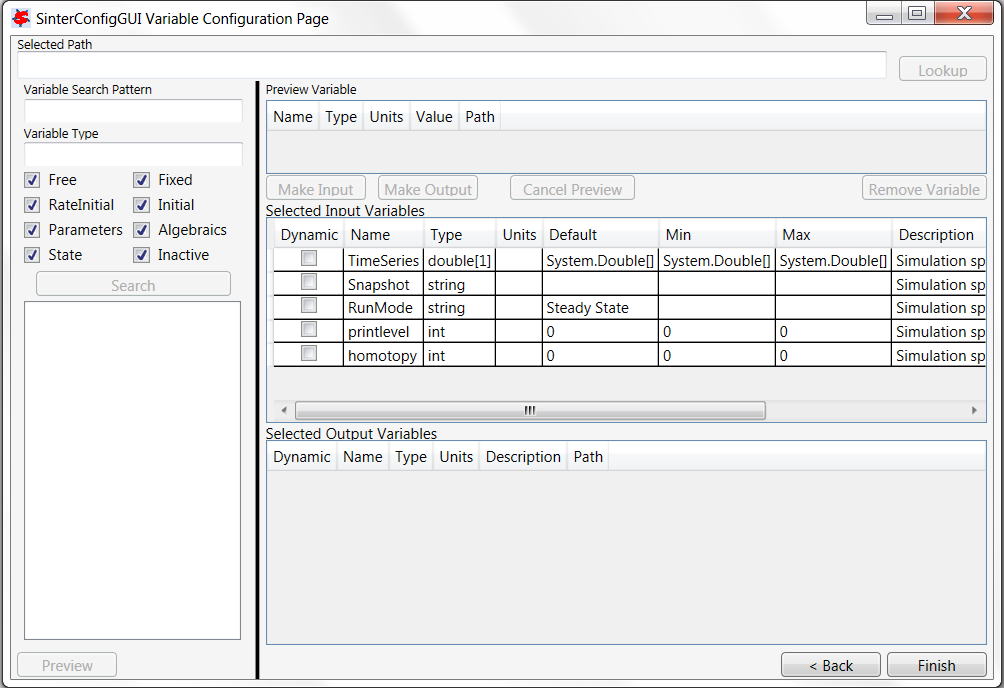 SinterConfigGUI Variable Configuration Page before Input