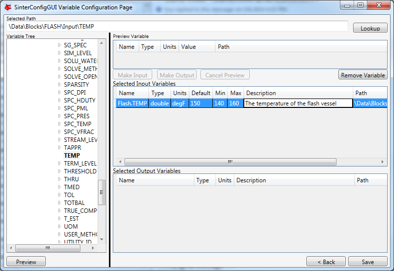 SinterConfigGUI Variable Configuration Page Input Variable