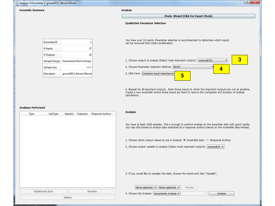 Analysis Dialog, Parameter Selection