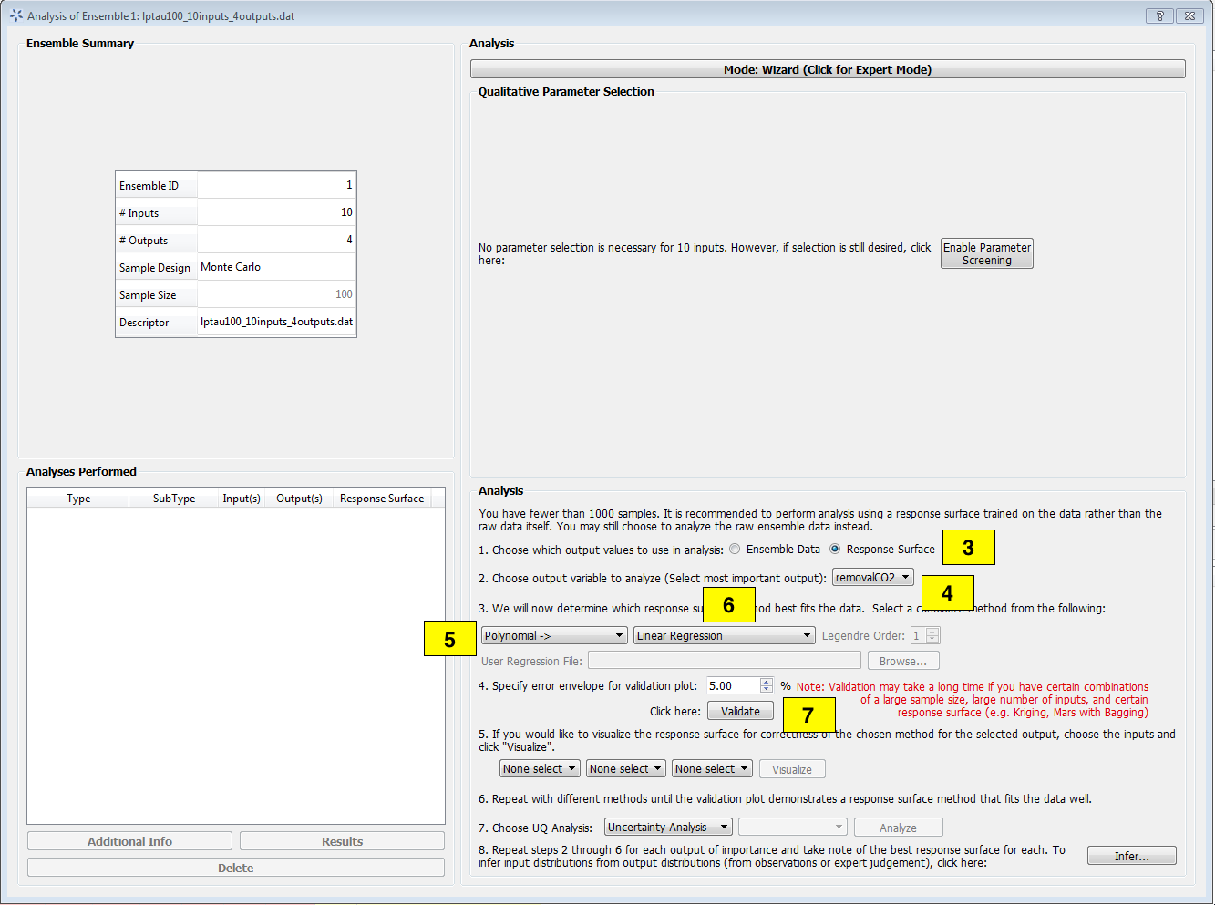 Analysis Dialog, Response Surface Validation of Linear Model