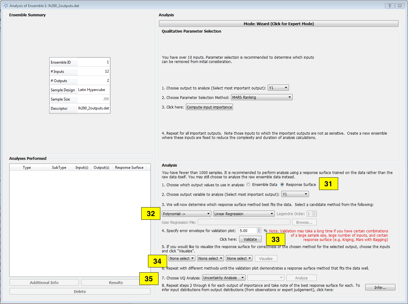 Analysis Dialog, Response Surface Analysis, Wizard Mode