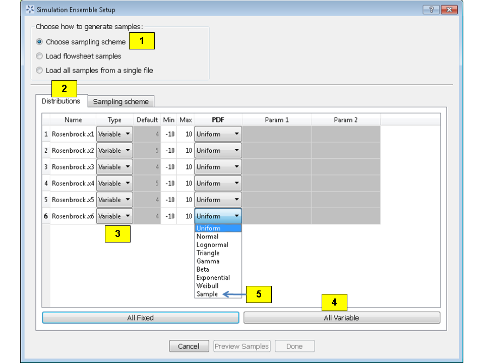 Simulation Ensemble Setup Dialog, Distributions Tab