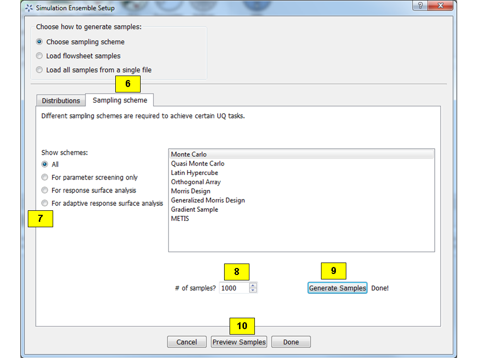 Simulation Ensemble Setup Dialog, Sampling Scheme Tab