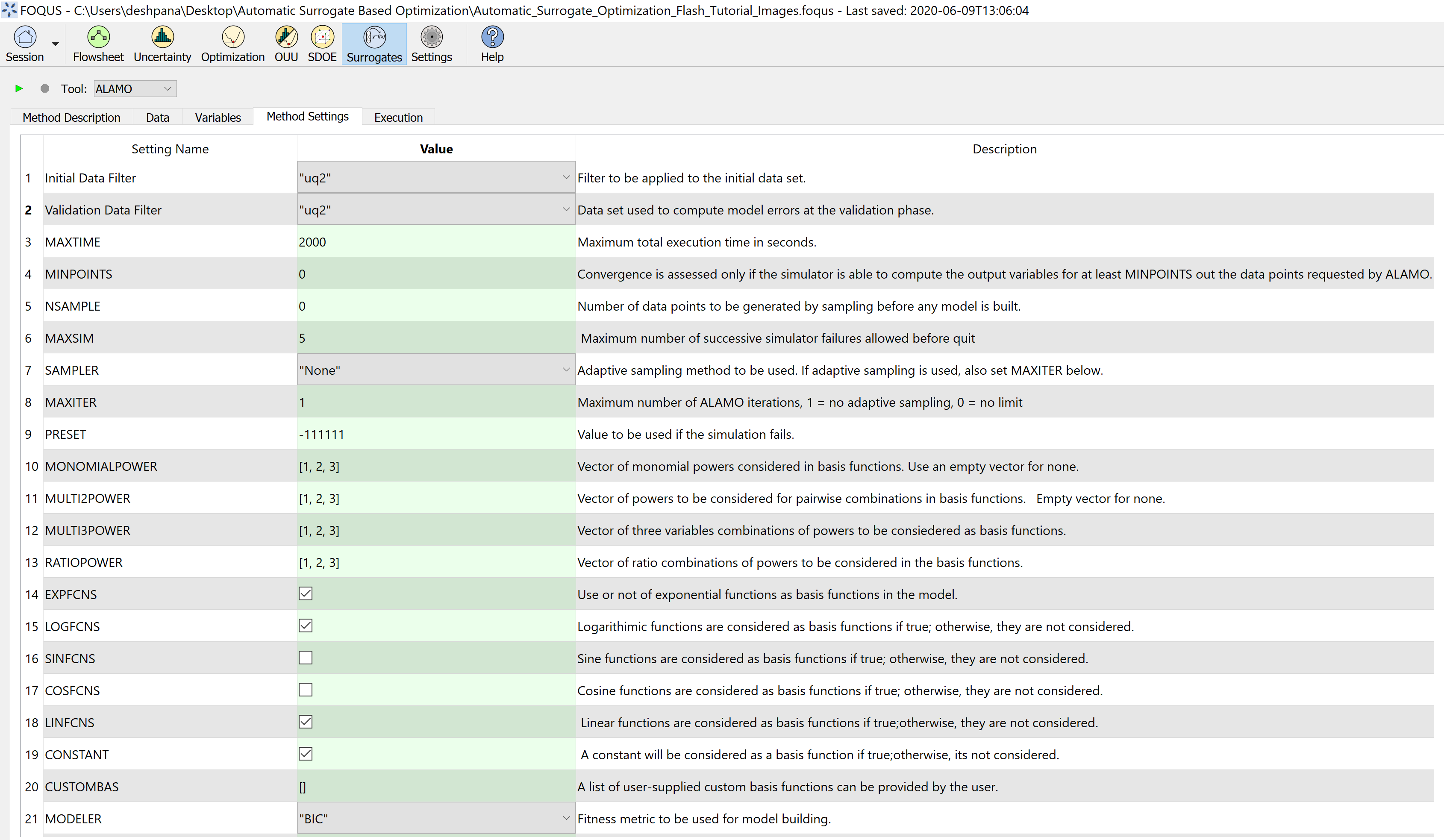 Figure 8: Select appropriate method settings for surrogate model generation