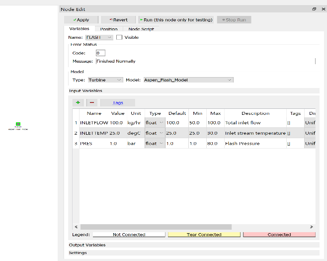 Figure 3: Input variables of the Ethanol-CO2 Flash Simulation Node in FOQUS