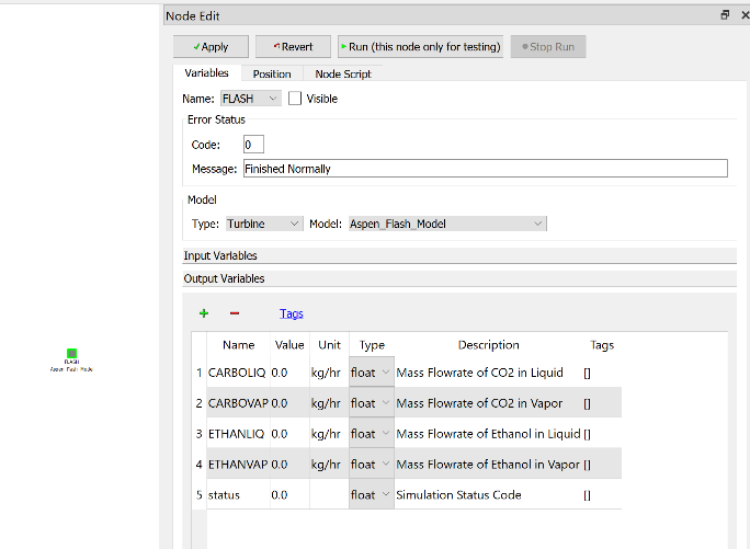 Figure 4: Output variables of the Ethanol-CO2 Flash Simulation Node in FOQUS