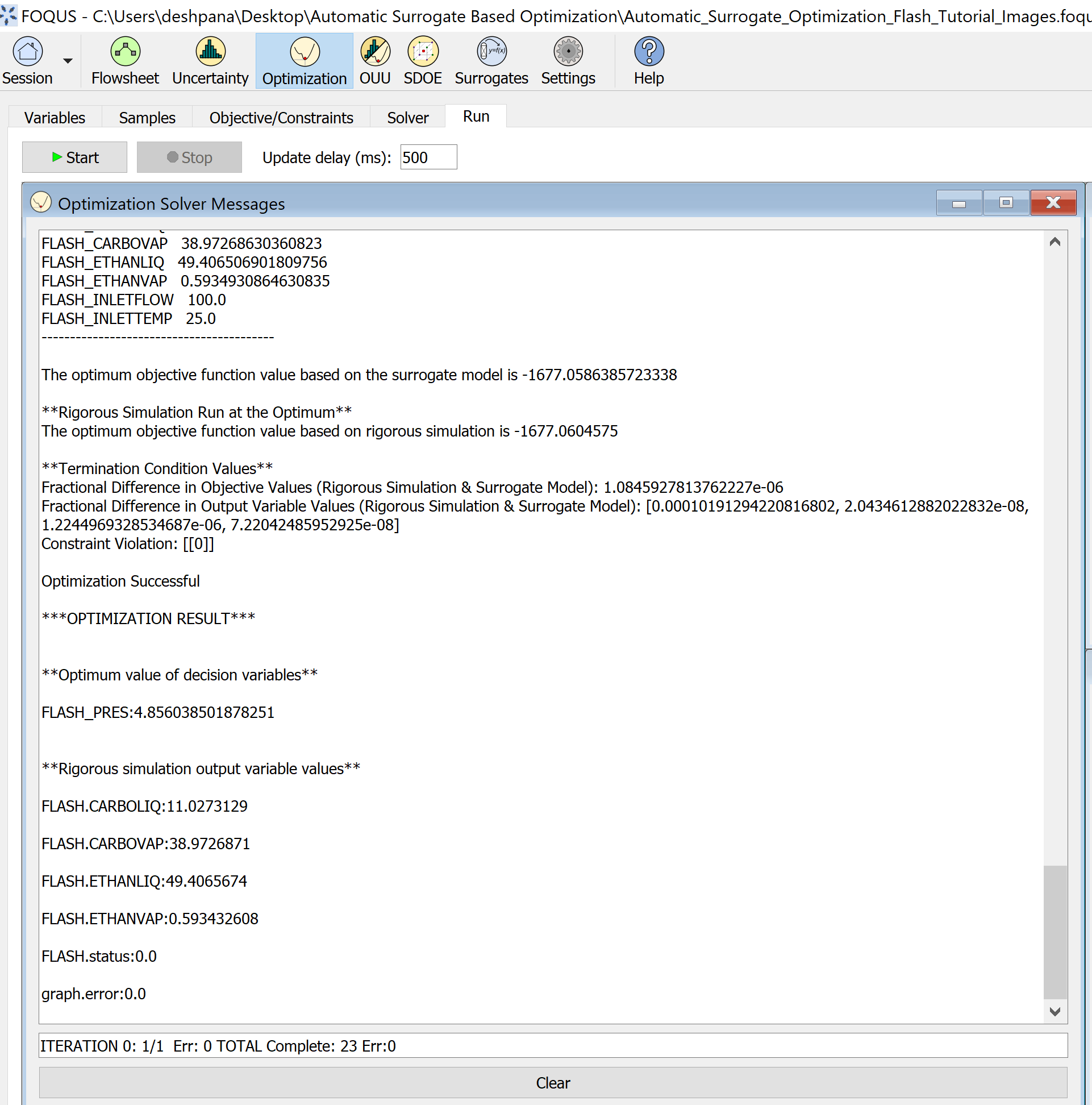 Figure 14: Start the optimization and check results in the message window